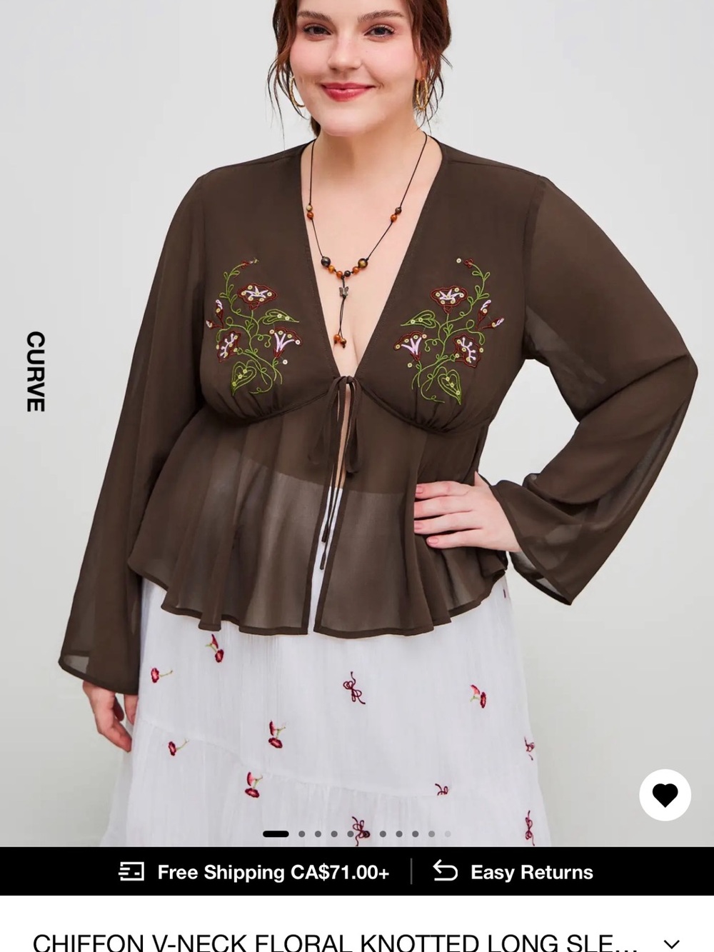 Cider Brown Sheer Tie-Front Blouse with Floral Embroidery - Picture 2 of 3